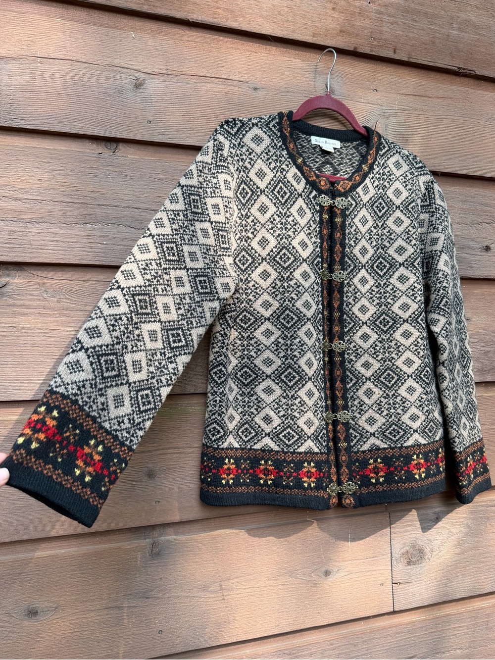 Susan Bristol Nordic-Inspired 100% Wool Knit Cardigan Sweater Size Large